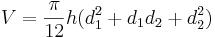 V=\frac{\pi}{12}h(d_1^2+d_1d_2+d_2^2)