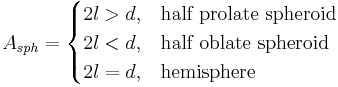 A_{sph}=\begin{cases}
2l>d,&\mbox{half prolate spheroid}\\
2l<d,&\mbox{half oblate spheroid}\\
2l=d,&\mbox{hemisphere}
\end{cases} 