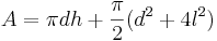 A=\pi dh+\frac{\pi}{2}(d^2+4l^2)