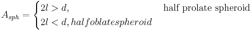 A_{sph}=\begin{cases}
2l>d, &\mbox{half prolate spheroid}\\
2l<d, half oblate spheroid\,
\end{cases} 